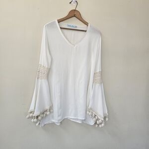 Solitaire Swimsuit Cover Top Womens Sz M Beige V-neck Boho Bell Sleeve Pom Poms